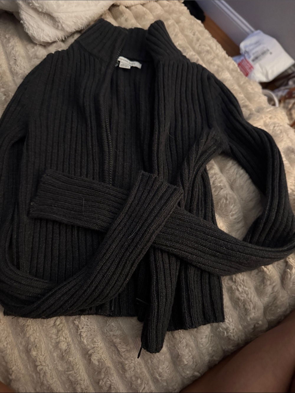 American Eagle Outfitters Black Ribbed Zip-Up Cardigan